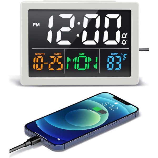 Digital väckarklocka, med 5,5" stor LED-tidsdisplay, justerbar larmvolym, 6 nivåers ljusstyrka, larminställningar, veckodag, USB laddare