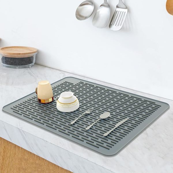 Silikone Tørremåtte, XL Størrelse 23” x 18”, Opvaskemåtte, Stor Opvaskeunderlag til Køkkenbord, Varmebestandig Grydeunderlag, Grå