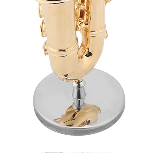 Miniatyr altsaksofonreplika med stativ og etui, gullbelagt instrumentmodellpynt
