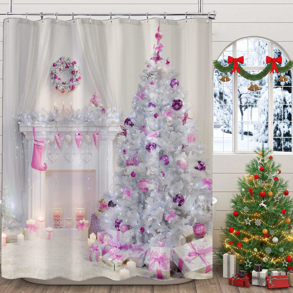 Julduschdraperier, julgran med rosa kulor Gåvor Öppen set duschdraperiset med 12 krokar, tyg Rosa Xmas , 72 × 72