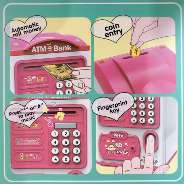 Bank forKids -rahakone sormenjäljellä ja salasanakoodilla - Min ATM -pankki, kolikkopankki, elektroninen säästölipas, lelu, syntymäpäivälahjat, joululahjat (vaaleanpunainen)