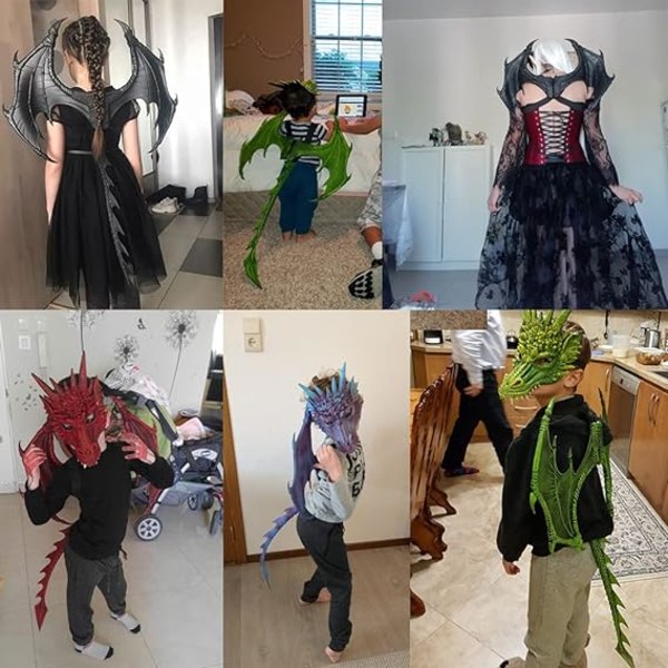 Drakdräkt för barn pojkar flickor, CRTEPST drake vinge svans mask set, Halloween dinosaurie cosplay set för barn (grön)