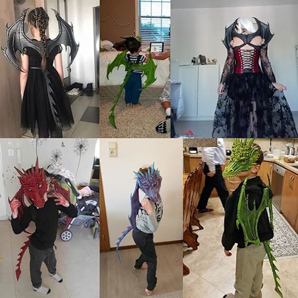 Lohikäärmeasu lapsille pojille ja tytöille, CRTEPST Lohikäärmeen siipi, häntä, naamiosetti, Halloween-dinosauruksen cosplay-setti lapselle (punainen)