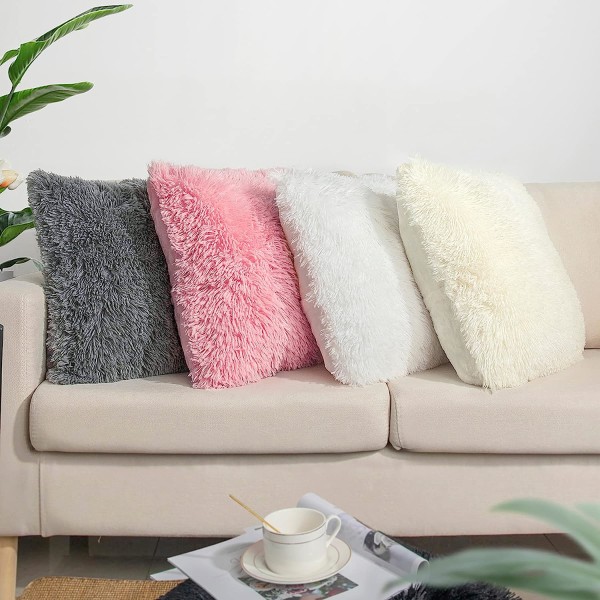 Et sæt med 2 pudebetræk 20x20, cremehvide fluffy pudebetræk, sofa, stue, soveværelse, luksuriøse imiteret pels firkantede pudebetræk, ingen pudebetræk