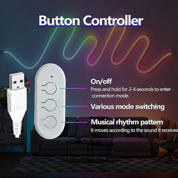 4M USB Neonlysstrimmel 60 lysdioder/M, 3-knaps Bluetooth-kontrol, med 5 monteringsklemmer