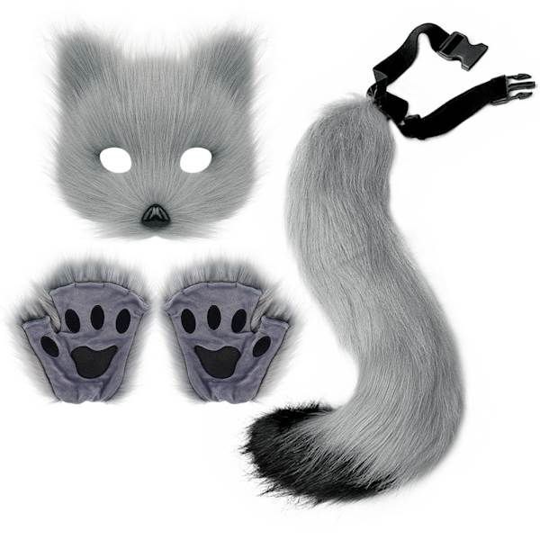 Konstgjord Pälsräv Svans Katt Varulv Cosplay Kostym Set Plysch Mask Fluffiga Tassar Handskar Halloween Jul Gray One Size