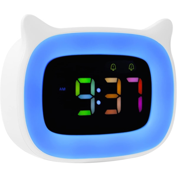 Upplyst barnväckarklocka för tonåringar flickor pojkar RGB 8 växlande färger, 18 ringsignaler, två larm, 12/24 timmars snooze-lägen rosa