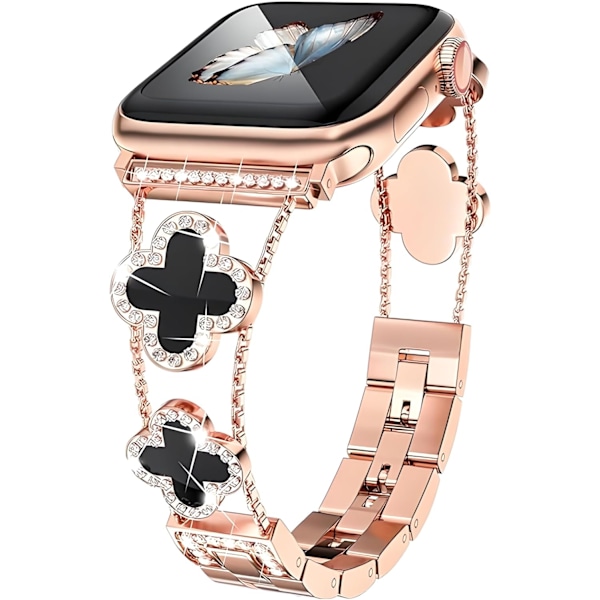 Bling Diamond Lucky Clover Damarmband Kompatibelt med Apple Watch Armband 38mm - 46mm Series SE 10 - 1, Sött Klänning Glittrande Diamantarmband Rose gold + black 42/44/45MM