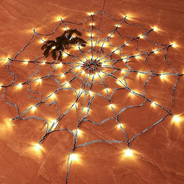 Edderkoppespindlys med plys-edderkop til Halloween-dekorationer, 60 LED (varm hvid) (1 stk)
