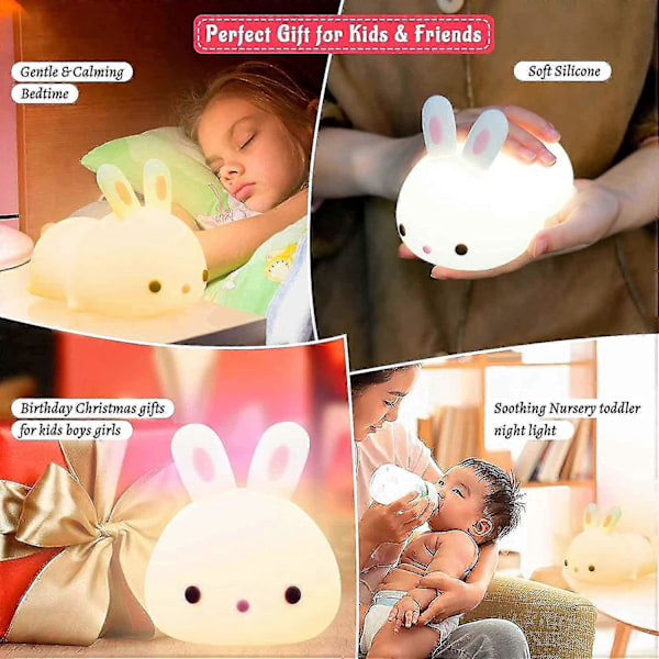 Sød Natlampe 7 Farveskift USB Genopladelig Kaninlampe til Børn Børnehave Baby Piger Nyfødt Gave, LED Touch Bærbar Dyr Silikone