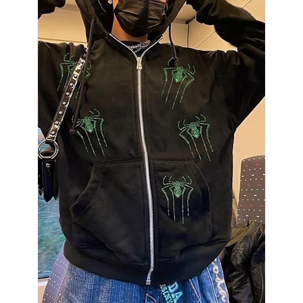 Kvinners Full Zip Up Hoodie Halloween Langærmet Grafisk Jakke Goth Genser Jente Streetwear（Størrelse：M）