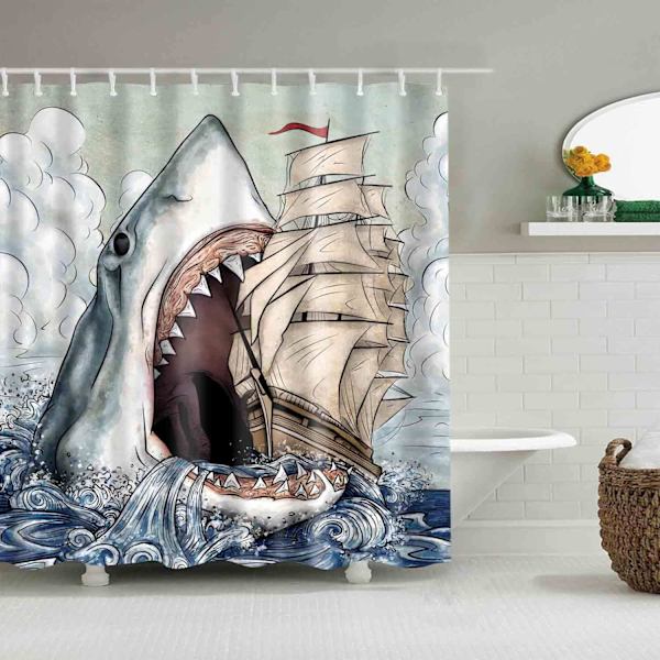 Middelhavsstil marin liv, bad fantastiske dekorasjoner vanntett polyester stoff bad dusjforheng fôr med kroker 72\" x 72\" (Hai)