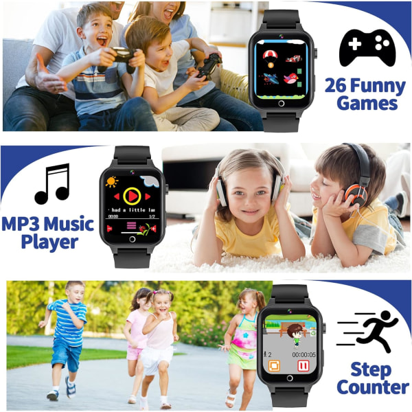 Smart watch för barn HD Touchscreen Kamera 26 spel Musikspelare Video Alarm Stegräknare, Pojkar Flickleksaker Födelsedagspresenter för 4-12 år (svart)