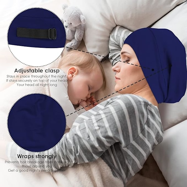 Sidenhatt, sovhatt, mjuk hårscarf, skyddande hatt, satinfordrad hatt, justerbar turban, mössa, sjuksköterskehatt, hatt för mediumlockigt och krusigt hår Dark blue