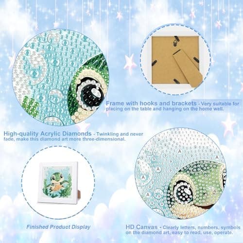 bleihum Turtle Diamond Art Kit for Kids Ages 4-8-12 with Frame 7x7inch