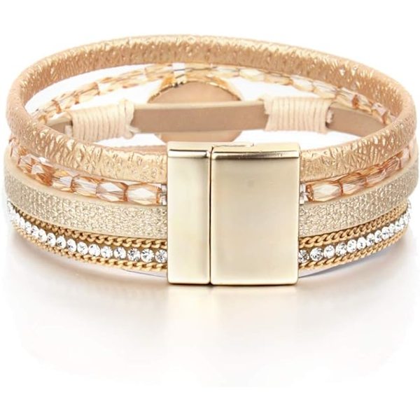 Lær Armbånd med Krystallperler og Magnetlås - Boho Smykker Gave til Kvinner og Jenter