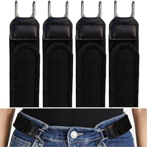 4-pak velcro-taljebælte med justerbar jernkrog – lavprofil elastisk taljebånd i polyester og zinklegering, usynligt under tøj, sort