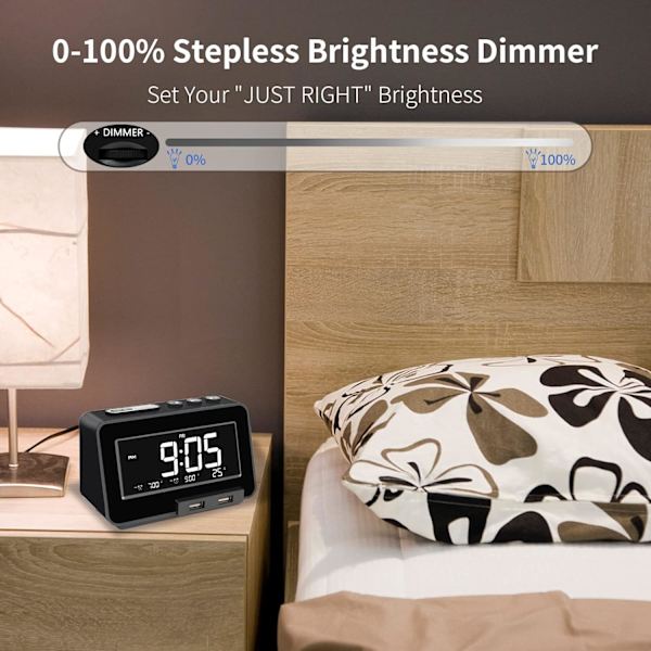 K5 Bluetooth-väckarklockradio, USB-spelare, steglös dimmer, dubbla separata larm med helgläge, sömntimer, USB C-laddare, batteribackup