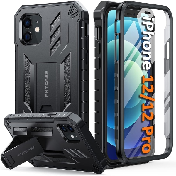 iPhone 12-fodral, militärklassat, droppskydd, robust skyddande fodral med stativ | Matt texturerat stötsäkert TPU-hybridstötfångarefodral 6,1 tum