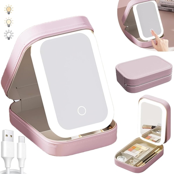 Lys Spejl Makeupboks, Kosmetik Opbevaringspose med LED Spejl | Bærbar Makeuppose - 3 Farver Med Lys Makeuppose, Rejse Makeuppose Pink