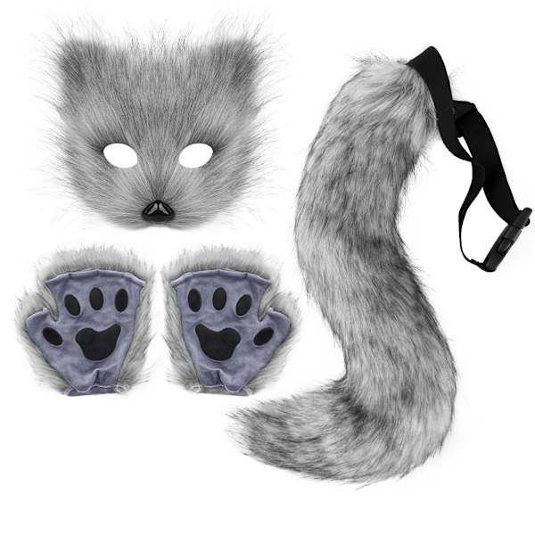 Konstgjord Pälsräv Svans Katt Varulv Cosplay Kostym Set Plysch Mask Fluffiga Tassar Handskar Halloween Jul Dark gray One Size