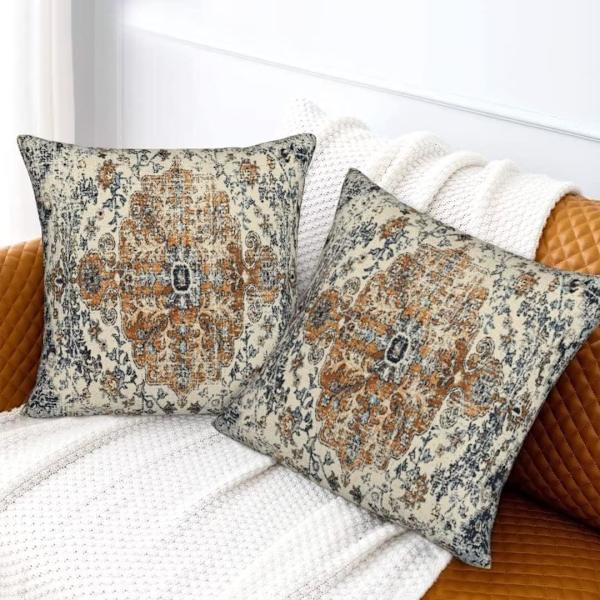 Guld Blå Bohemian Kuddfodral 18x18 Set om 2, Mattmönstrad Kuddfodral Etnisk Lantlig Lantlig Hus Kuddfodral Soffa Linne Dekoration