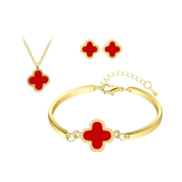 3 st Rose Gold Fyrbladklöver Halsband Set Armband Örhänge Halsband Smycken Enkelt Dubbelsidig Hänge för Kvinnor Flickor Tonåring Present