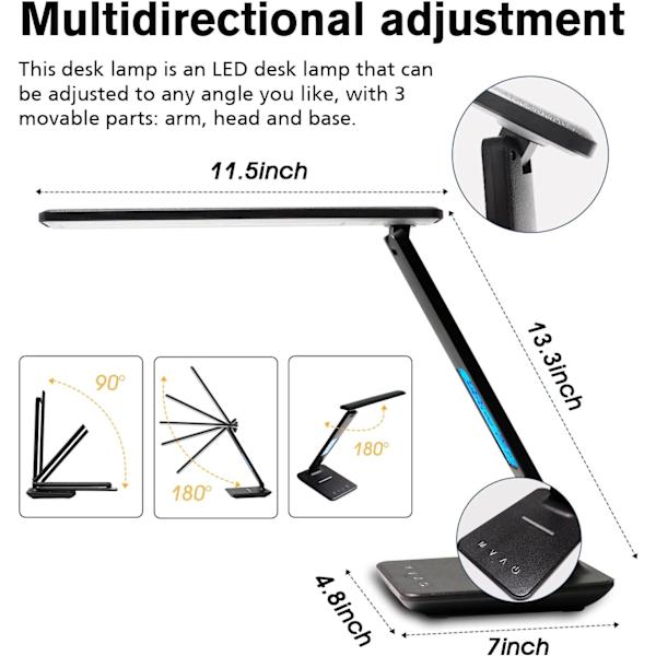 LED-skrivebordslampe med trådløs oplader, USB-opladningsport, justerbar foldbar bordlampe med ur, alarm, dato, temperatur, 5-trins dæmpbar