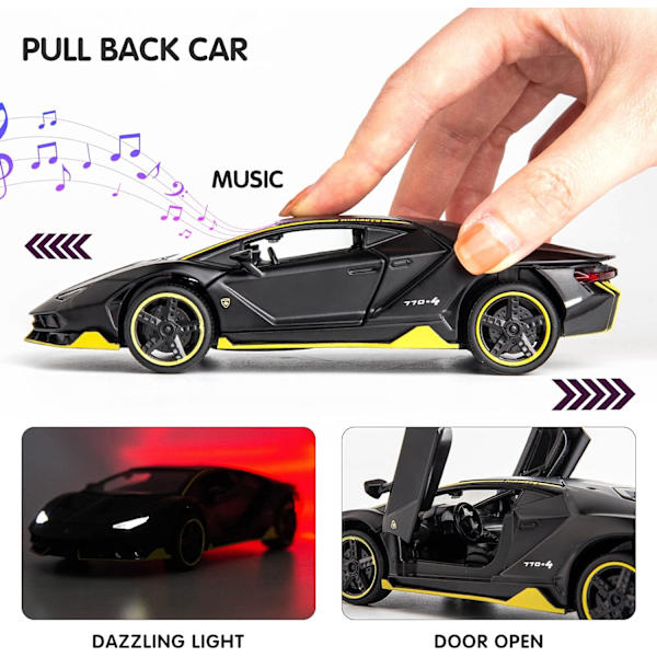 Kompatibel med 1/32 Lamborghini LP770 modellbil, zinklegering dra tillbaka leksaksbil med ljud och ljus för barn pojke flicka svart