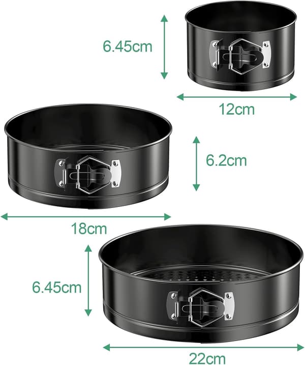 3 stk Runde Springformer, 12/18/22cm Runde Kakeformer, Non-Stick Sett Rustfritt Stål Springformer Avtakbar Bunn