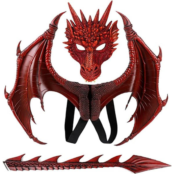 Lohikäärmeasu lapsille pojille ja tytöille, CRTEPST Lohikäärmeen siipi, häntä, naamiosetti, Halloween-dinosauruksen cosplay-setti lapselle (punainen)