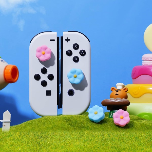 Tumgreppskåpor för Nintendo Switch, söta joystick-skydd med 3D-mönsteröverdrag Mjukt bedårande silikon Analog 4 st kit för Switch/OLED/Lite, blomma