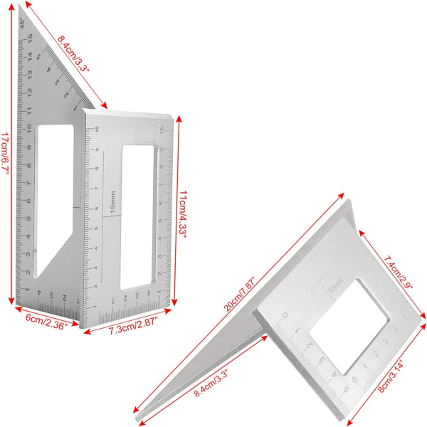 2 Sadellayout Fyrkantig Mätare för Träbearbetning, 45/45 Grader - 90/45 Grader Fyrkantig Layout Gehrung Vinkel Mätning T Linjal, Aluminiumlegering  (Silver)