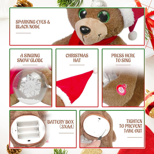 10'' Julebamse Plysdyr, LED Lys Glød Musikalsk Syngende Bamse Plys Legetøj med Snebolde, Fødselsdagsfestivaler Gaver (Brun)