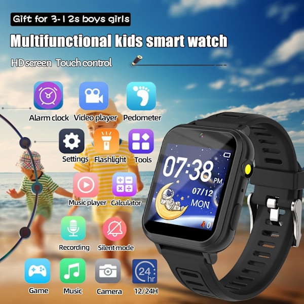 Børneure til drenge og piger, Smartwatch til børn med spil, MP3-afspiller, videokamera, alarm, lommelygte, drenge og piger legetøj fødselsdagsgave (sort)