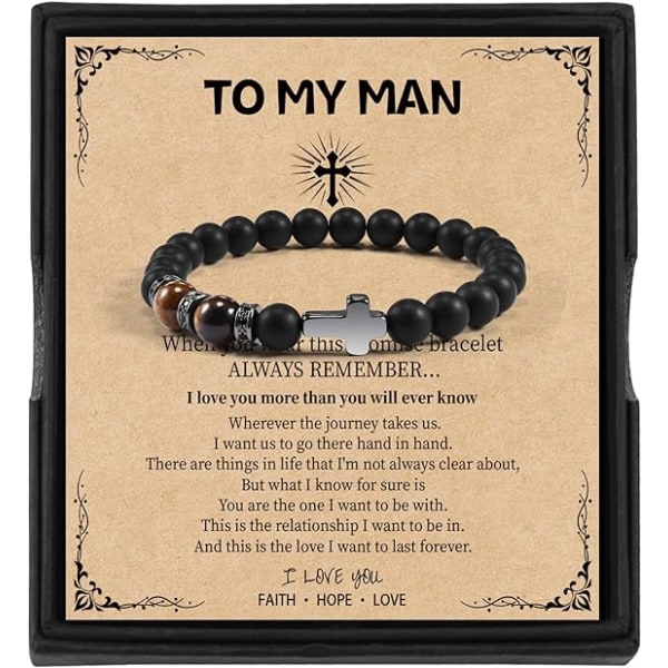 Men's Cross Natural Stone Bracelet - Gifts for Husband Boyfriend Dad - Perfect for Valentine's Day Father's Day Birthday Anniversary and Christmas