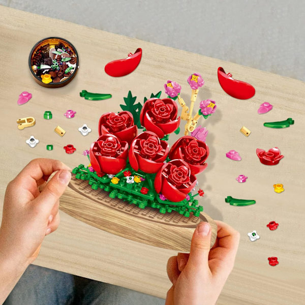 6 st rosor blommor buketter byggleksak med dammskydd, mini tegelsten rosuppsättning present för heminredning, botanisk samling (684 st)