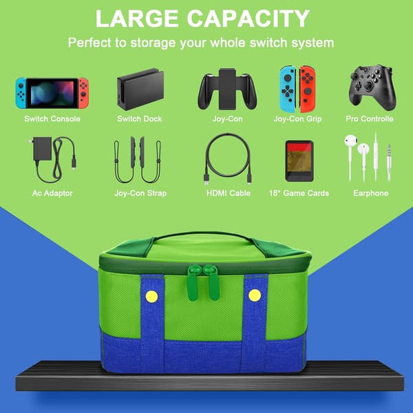 Cute Switch Carrying Case for Nintendo Switch/Lite/OLED, Portable Soft Shell Waterproof Messenger Bag Oxford for NS SD Console Dock JoyCons Accessories Green