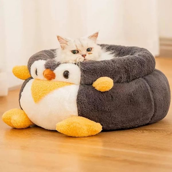 Kattbäddar för inomhuskatter, rund fluffig munk lugnande husdjursbädd, pingvinformad söt kattbädd, mjuk kattbäddskudde, liten kattbädd, hundbäddar för små hundar