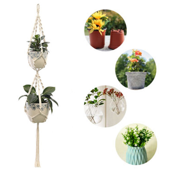 2 stk Makrame Planteholdere Innendørs Utendørs Hengende Plantekurv Bomullsrep Håndstrikket Blomsterpottenettpose - Stil 5
