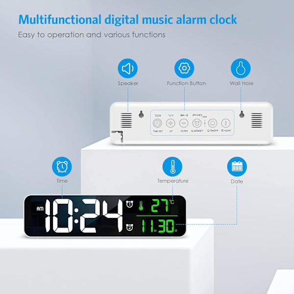 Digitalt ur med stort display, Nyeste 10,5'' digitalt vægur til stue, LED-spejlur med 40 musik, 2 alarm, 6 lysstyrke dæmper, 4 lydstyrke