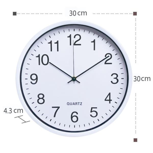 Silent white radio-controlled quartz wall clock, Ø 31 cm, with second hand and automatic time adjustment.