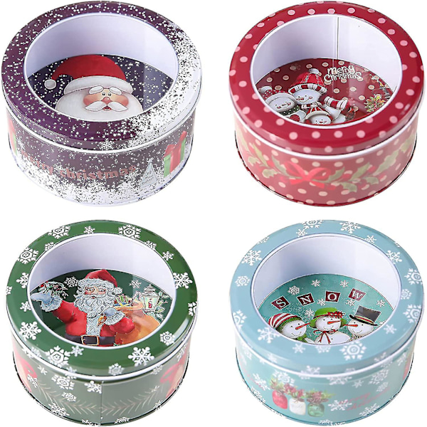 4 stycken julplåtburkar, tomma burkar med fönster, runda godisburkar, julklappslådor, 7x14cm, tomten, snögubbe, små metallburkar för kakor C