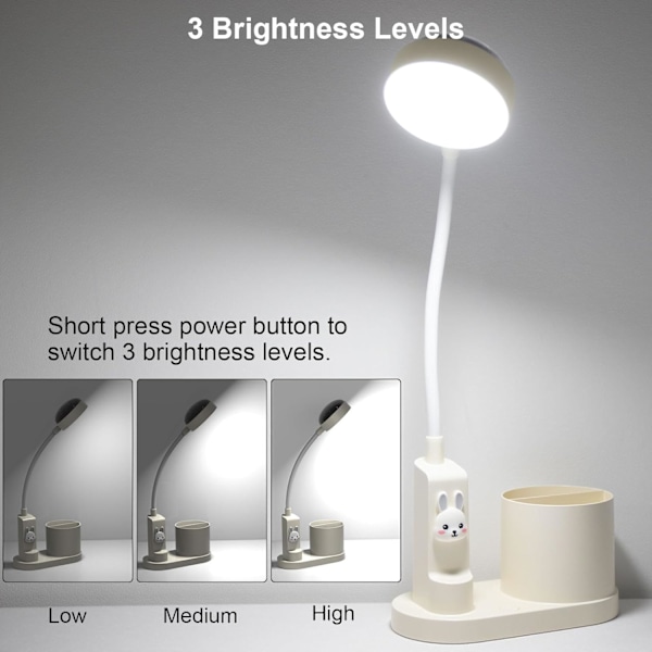 LED-skrivbordslampa, 2000mAh Uppladdningsbart Batteri för Lärande, Barnbord, USB 3 Ljusstyrka, med Stjärnprojektor och Pennhållare White