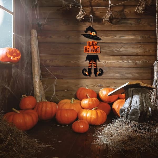 Halloween Glad Skylt Dekoration Hekseben Hat Hængende Trævægindretning Version Rustik Yderdør Hænger Efterår Kunst Ornament