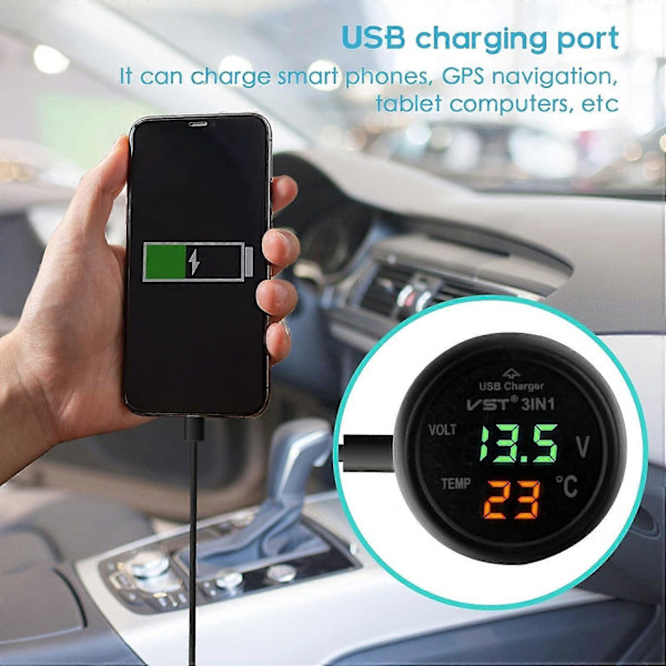 2025 Ny bil voltmeter, 3 i 1 12-24V biltermometer bil USB-lader voltmeter med LCD digitalt displaypanel