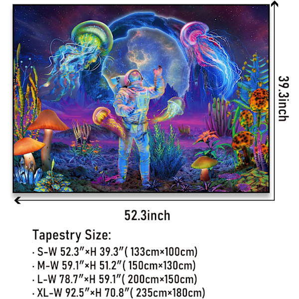 Blacklight Astronaut Gobelin UV-reaktiv Planter Maneter Neon Galaxy Space Veggteppe for Rom W59×H51