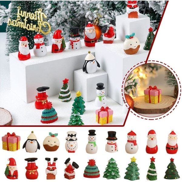 Miniatyr juledekorasjon i harpiks, mikrolandskap, julenisse, snømann, juletrepynt, figur, miniatyrhagedekorasjon
