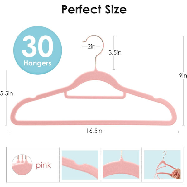 Fløjlsbøjler Skridsikre Filtbøjler, 30 Pakke Rosa Fløjlsbøjler Tøj Bøjler Pladsbesparende Slanke Bøjler med Rose Gold Svingbar Krog