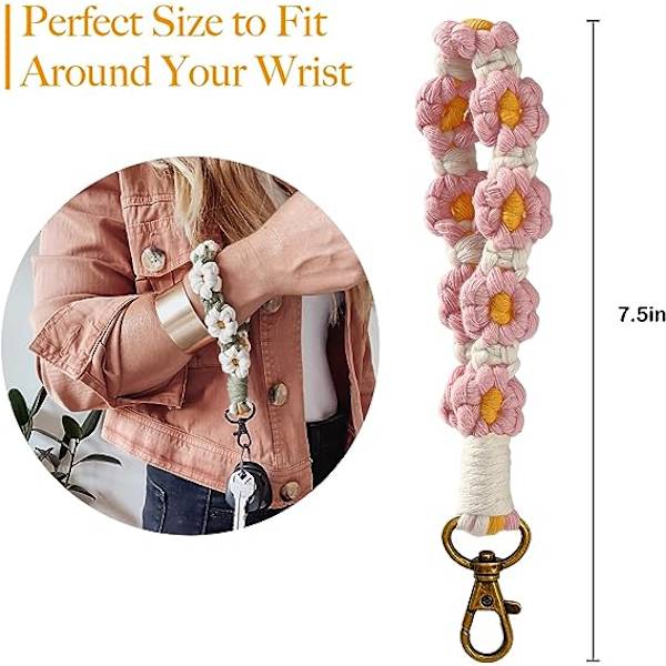 Macrame Daisy Wristlet Keychain, Söt Blomster Nyckelkedjor för Kvinnor Flickor Boho Handgjord Handled Rem Nyckelkedjor